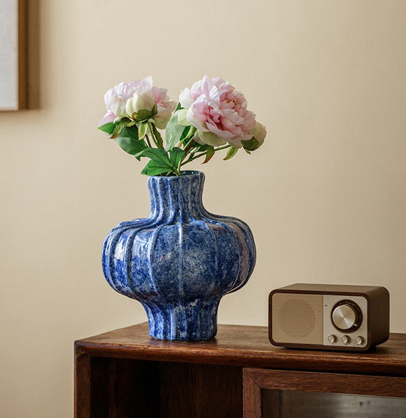 Modern Pottery Flower Vases, Handmade Water Holding Flower Vases, Centerpiece on Dining Table, Blue Ceramic Bud Vases, Tall Flower Vases on Table-Paintingforhome