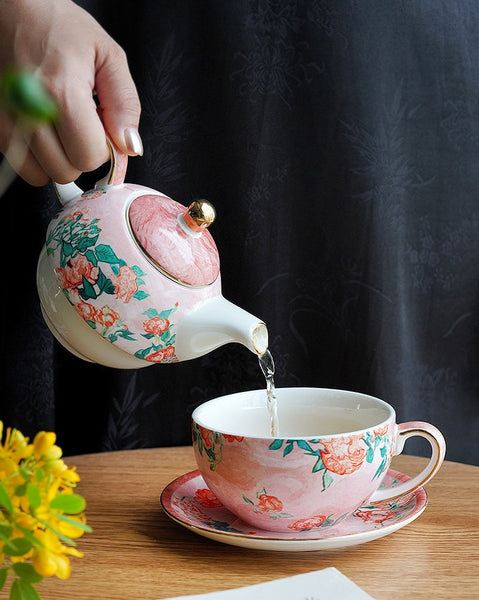 Ceramic Tea Pot with Integrated Cup, Mother-and-Baby Teapot with Matching Saucer, Vintage Style Stackable Tea Pot Set, English Style Tea Pot and Cup Set-Paintingforhome