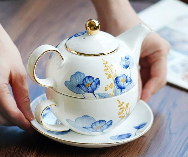 Porcelain Teapot with Matching Cup and Saucer in Gift Box, Ceramic Tea Pot with Integrated Cup, Stackable Teapot and Cup Set, Mother-and-Baby Teapot with Matching Saucer-Paintingforhome