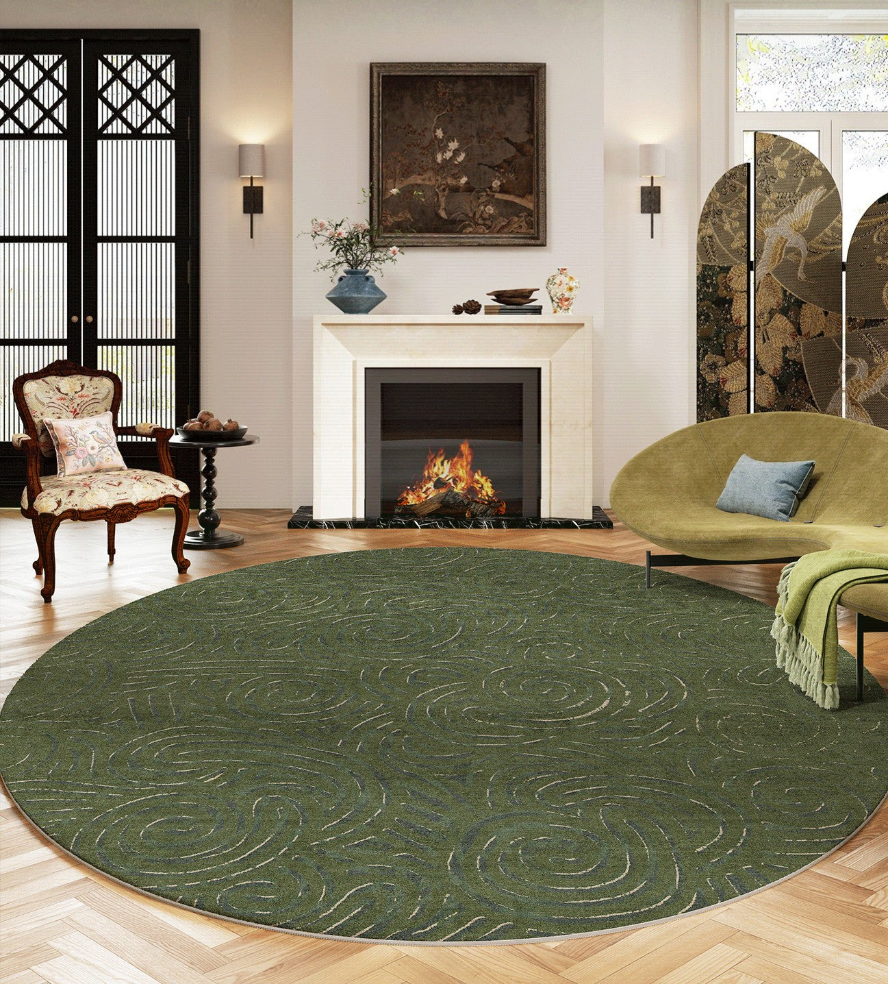 Bedroom Abstract Modern Area Rugs, Green Contemporary Modern Rugs, Geometric Round Rugs for Dining Room, Mid Century Round Modern Rugs under Chairs-Paintingforhome