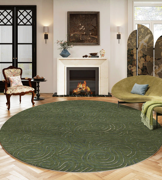 Bedroom Abstract Modern Area Rugs, Green Contemporary Modern Rugs, Geometric Round Rugs for Dining Room, Mid Century Round Modern Rugs under Chairs-Paintingforhome