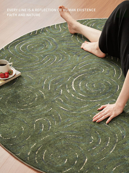 Bedroom Abstract Modern Area Rugs, Green Contemporary Modern Rugs, Geometric Round Rugs for Dining Room, Mid Century Round Modern Rugs under Chairs-Paintingforhome