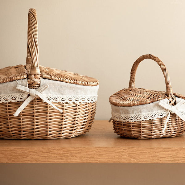 Picnic Storage Basket with Handle, Extra Large Kitchen Storage Baskets, Natural Hand-woven Wicker Storage Basket, Lovely Willow Weaving Baskets for Vegetable, Natural Fruit Storage Baskets-Paintingforhome