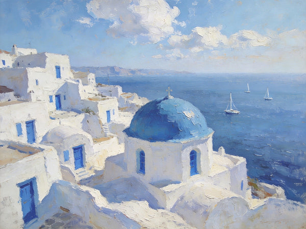 Small Landscape Paintings on Canvas, Aegean Breeze and Blue Domes, Original Oil Paintings, Palette Knife Oil Paintings, Landscape Canvas Paintings, Hand Painted Canvas Art-Paintingforhome