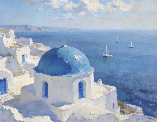 Small Landscape Paintings on Canvas, Aegean Breeze and Blue Domes, Original Oil Paintings, Palette Knife Oil Paintings, Landscape Canvas Paintings, Hand Painted Canvas Art-Paintingforhome
