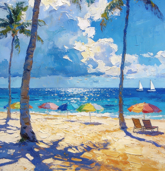 Hand Painted Canvas Wall Art, Palm Trees and Peaceful Seas, Beach Seashore Paintings, Original Artwork, Small Oil Paintings, Heavy Texture Artwork, Small Canvas Paintings-Paintingforhome