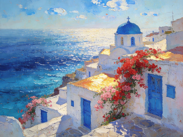 Floral Vines and Maritime Blues, Aegean Blue Domes, On Canvas Small Paintings, Hand Painted Canvas Art, Small Landscape Paintings, Landscape Wall Art Paintings, Original Oil Paintings-Paintingforhome