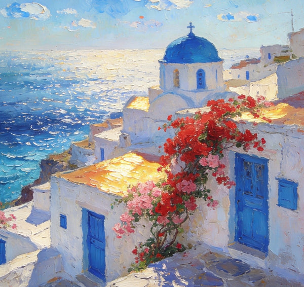 Floral Vines and Maritime Blues, Aegean Blue Domes, On Canvas Small Paintings, Hand Painted Canvas Art, Small Landscape Paintings, Landscape Wall Art Paintings, Original Oil Paintings-Paintingforhome