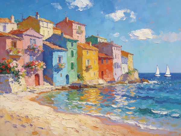 Palette Knife Oil Paintings, Seashore Town Tranquility, Original Oil Paintings, Small Landscape Paintings on Canvas, Landscape Canvas Paintings, Hand Painted Canvas Art-Paintingforhome
