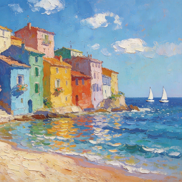 Palette Knife Oil Paintings, Seashore Town Tranquility, Original Oil Paintings, Small Landscape Paintings on Canvas, Landscape Canvas Paintings, Hand Painted Canvas Art-Paintingforhome