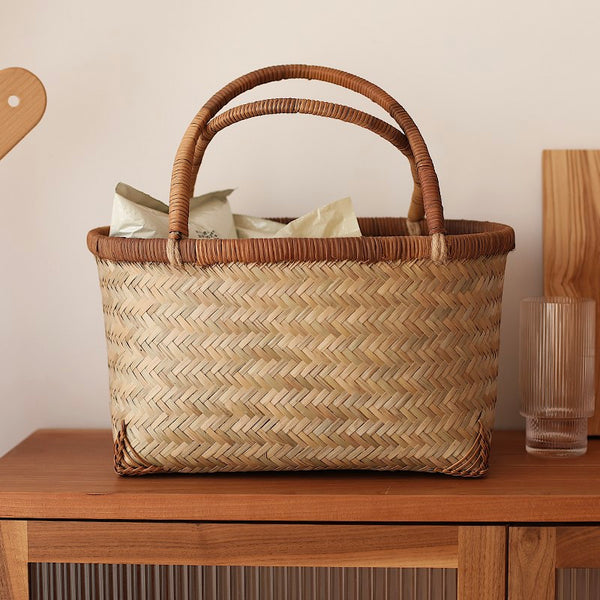 Storage Basket with Handle, Large Kitchen Storage Baskets, Natural Hand-woven Bamboo Storage Basket, Lovely Bamboo Weaving Baskets for Vegetable, Picnic Fruit Storage Baskets-Paintingforhome