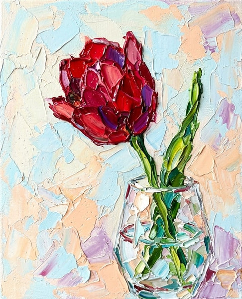 Original Oil Painting on Canvas, Original Flower Paintings, Red Tulip in Glass Vase, Hand Painted Canvas Artwork, Small Canvas Artwork for Sale, Impasto Canvas Art