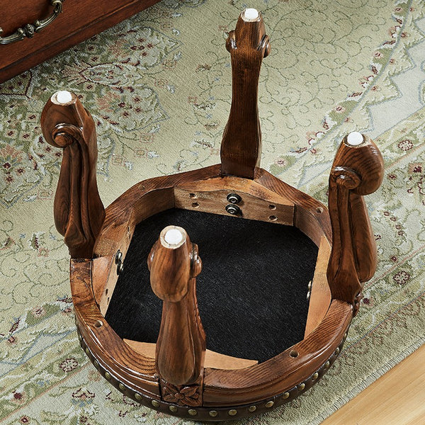 Genuine Leather Solid Wood Entry Bench, Vintage Round Stool, Solid Wood Ottoman, Rubberwood Entry Bench, Vanity Stool-Paintingforhome