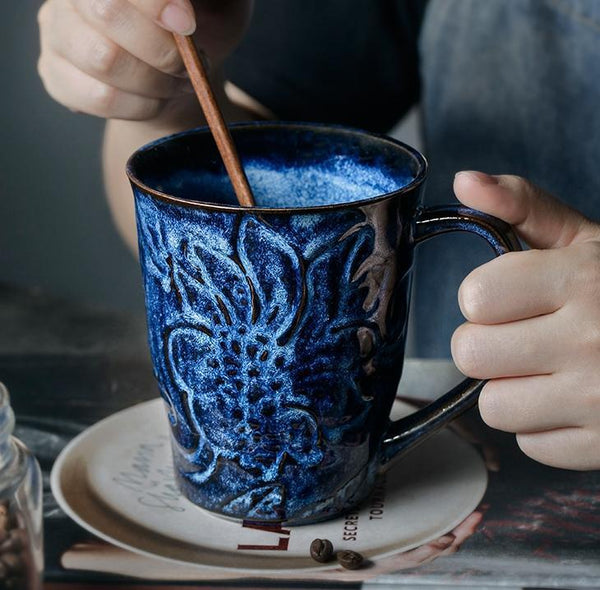 Green Ceramic Coffee Mug, Birthday Gifts, Stoneware Coffee Mugs, Handmade Pottery Coffee Mug, Large Capacity Coffee Cups-Paintingforhome