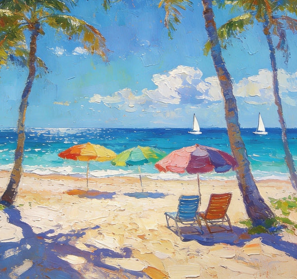 Seaside Relaxation Spot, Seashore Painting, Beach Palm Tree Paintings, Original Artwork, Small Oil Paintings, Hand Painted Canvas Art, Heavy Texture Wall Art Paintings, Small Paintings On Canvas-Paintingforhome