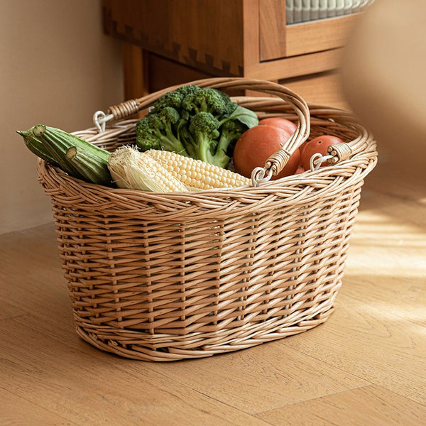 Kitchen Storage Baskets, Small Picnic Food Basket with Handle, Natural Hand-woven Wicker Storage Basket, Willow Weaving Baskets for Vegetable, Natural Fruit Basket-Paintingforhome