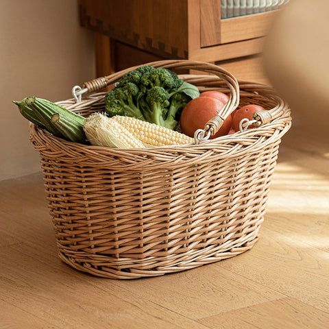Kitchen Storage Baskets, Small Picnic Food Basket with Handle, Natural Hand-woven Wicker Storage Basket, Willow Weaving Baskets for Vegetable, Natural Fruit Basket-Paintingforhome
