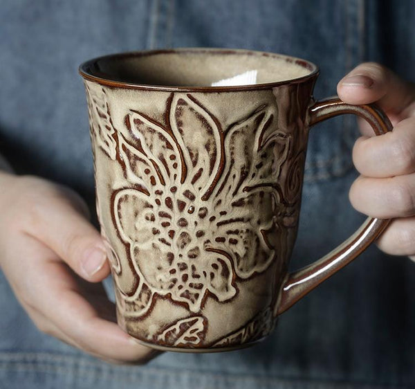 Brown Ceramic Coffee Mug, Large Capacity Coffee Cups, Anniversary Gifts, Stoneware Coffee Mugs, Handmade Pottery Coffee Mug-Paintingforhome