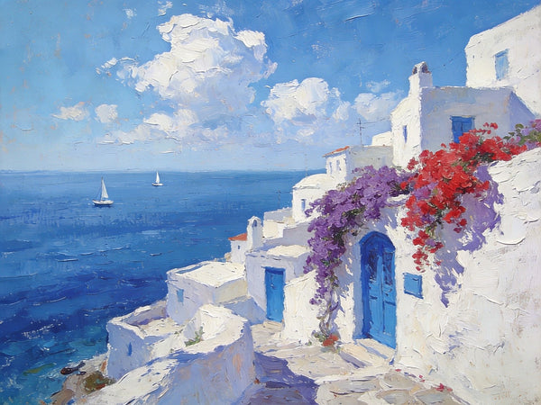 Original Oil Paintings, Santorini's Coastal Serenity, Small Landscape Paintings on Canvas, Palette Knife Wall Art, Landscape Oil Paintings, Hand Painted Canvas Artwork-Paintingforhome