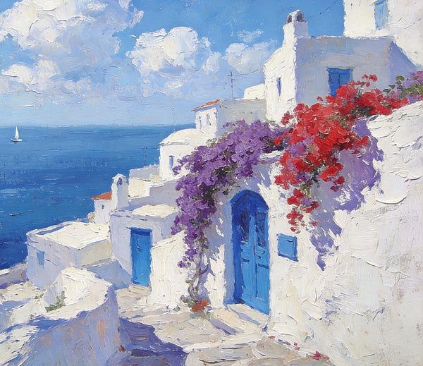 Original Oil Paintings, Santorini's Coastal Serenity, Small Landscape Paintings on Canvas, Palette Knife Wall Art, Landscape Oil Paintings, Hand Painted Canvas Artwork-Paintingforhome