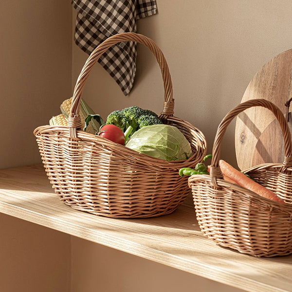 Natural Hand-woven Wicker Storage Basket, Large Picnic Food Basket with Handle, Lovely Willow Weaving Baskets for Vegetable, Natural Fruit Basket, Kitchen Storage Baskets-Paintingforhome