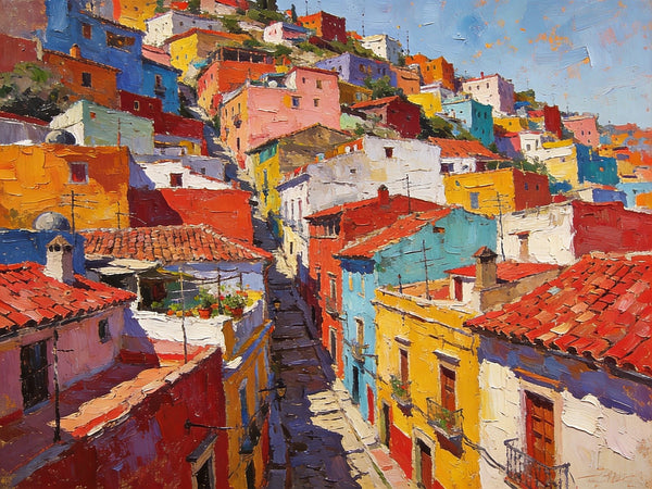 Colorful Terraces of Guanajuato, Hand Painted Canvas Art, Small Oil Paintings, Small Wall Art Paintings, Landscape Canvas Paintings, Original Canvas Paintings-Paintingforhome