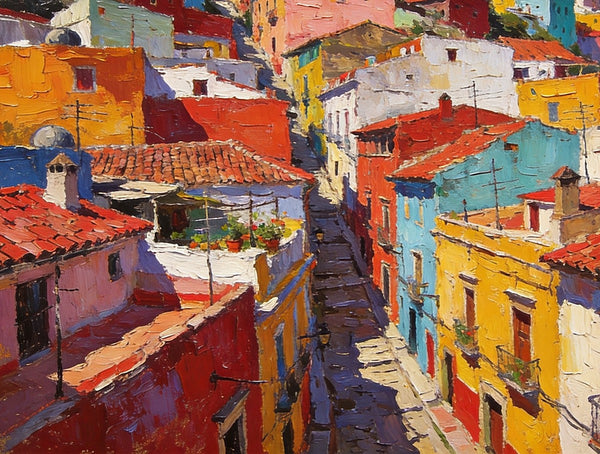 Colorful Terraces of Guanajuato, Hand Painted Canvas Art, Small Oil Paintings, Small Wall Art Paintings, Landscape Canvas Paintings, Original Canvas Paintings-Paintingforhome