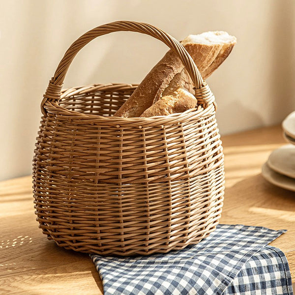 Storage Basket for Kitchen, Picnic Storage Basket with Handle, Hand-woven Wicker Storage Basket, Natural Fruit Basket, Willow Weaving Baskets for Vegetable-Paintingforhome