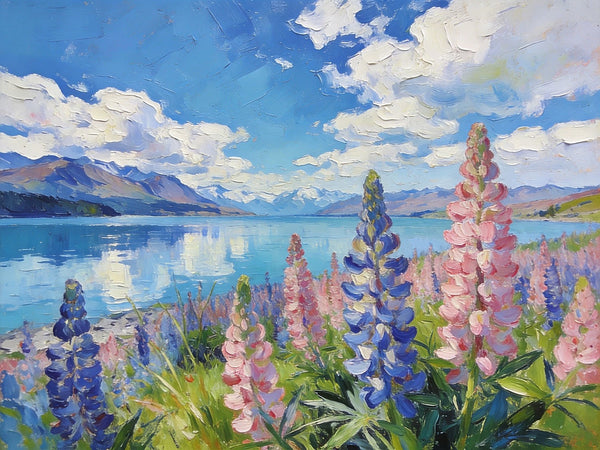 Stunning New Zealand Lake Landscape, Lupins in Bloom, Landscape Paintings on Canvas, Original Oil Paintings, Palette Knife Oil Paintings, Small Landscape Paintings, Hand Painted Canvas Artwork-Paintingforhome
