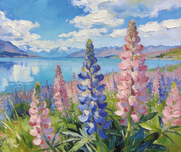 Stunning New Zealand Lake Landscape, Lupins in Bloom, Landscape Paintings on Canvas, Original Oil Paintings, Palette Knife Oil Paintings, Small Landscape Paintings, Hand Painted Canvas Artwork-Paintingforhome