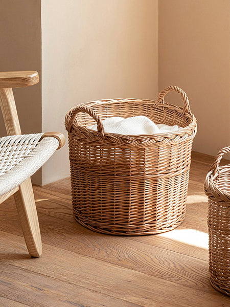 Round Storage Basket for Clothes, Natural Hand-woven Wicker Storage Basket for Clothes, Extra Large Kitchen Storage Baskets, Willow Weaving Baskets for Clothes-Paintingforhome