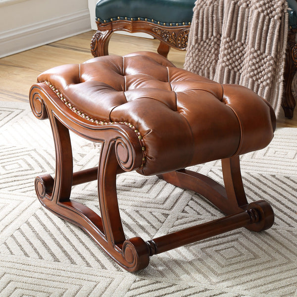 Cherry Wood Footstool, Vintage Leather Stool, Genuine Leather Solid Wood Entry Bench, Long Bench, Vanity Stool, Dressing Table Stool-Paintingforhome