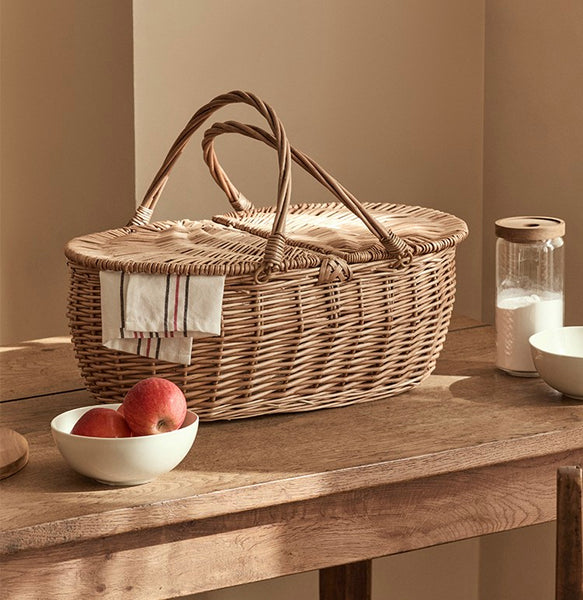 Extra Large Picnic Food Basket with Handle, Kitchen Storage Baskets, Natural Hand-woven Wicker Storage Basket, Lovely Willow Weaving Baskets for Vegetable, Natural Fruit Basket-Paintingforhome