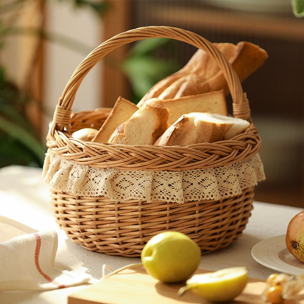 Storage Basket for Shelves, Picnic Storage Basket with Handle, Hand-woven Wicker Storage Basket, Natural Fruit Basket, Willow Weaving Baskets for Kitchen-Paintingforhome