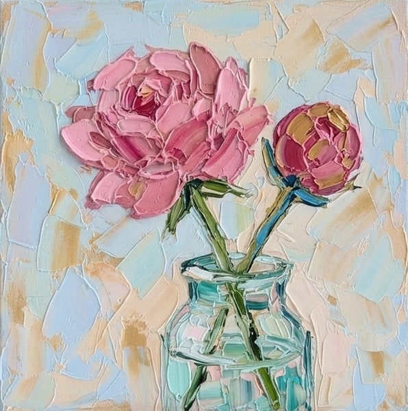Still Life Painting, Blooming Chinese Rose Flower in Glass Vase, Impasto Heavy Texutre Art, Small Canvas Artwork, Original Flower Paintings, Hand Painted Canvas Art
