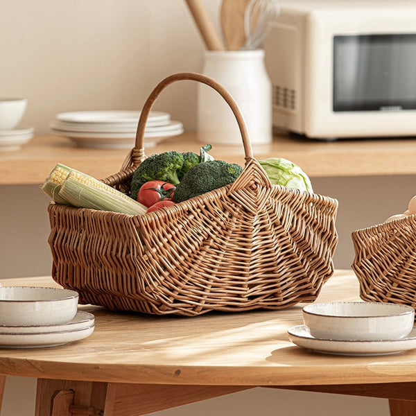 Large Picnic Food Basket with Handle, Natural Hand-woven Wicker Storage Basket, Lovely Willow Weaving Baskets for Vegetable, Natural Fruit Basket, Kitchen Storage Baskets-Paintingforhome