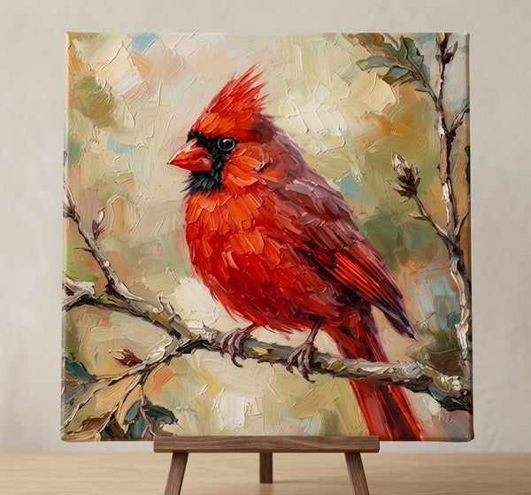 Original Oil Paintings, Northern Cardinal Bird Painting, Hand Painted Canvas Art, Small Art on Canvas, Heavy Texture Painting, Miniature Wall Art