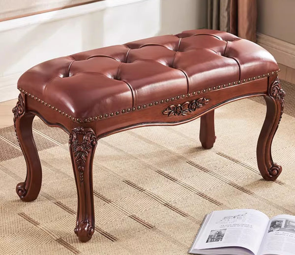 Dressing Table Stool, Rubber Wood Footstool, Vintage Chestnut Brown Leather Stool, Genuine Leather Solid Wood Entry Bench, Farmhouse Entryway Bench, Leather Lounge Chair Modern-Paintingforhome
