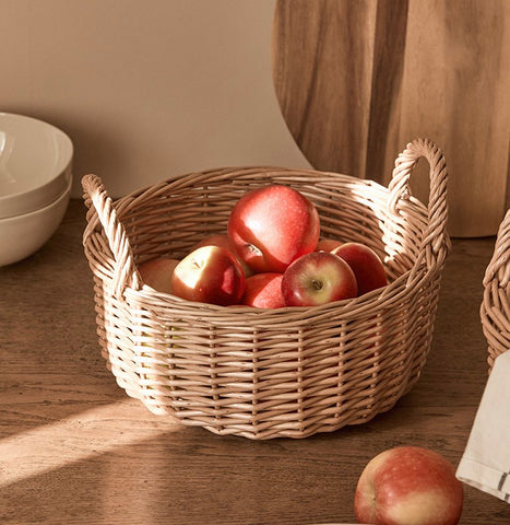 Picnic Fruit Basket with Handle, Kitchen Storage Baskets, Natural Hand-woven Wicker Round Storage Basket, Lovely Willow Weaving Baskets for Vegetable, Natural Fruit Storage Basket-Paintingforhome