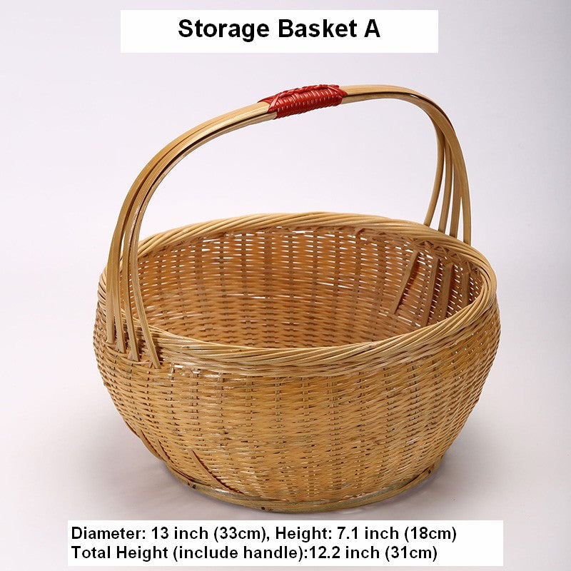 Natural Hand-woven Bamboo Basket, Natural Fruit Basket Kitchen Storage Baskets, Extra Large Picnic Food Basket with Handle, Lovely Bamboo Baskets for Vegetable-Paintingforhome