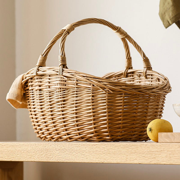 Large Kitchen Storage Baskets, Picnic Storage Basket with Handle, Hand-woven Wicker Storage Basket, Willow Weaving Baskets for Vegetable, Natural Fruit Basket-Paintingforhome