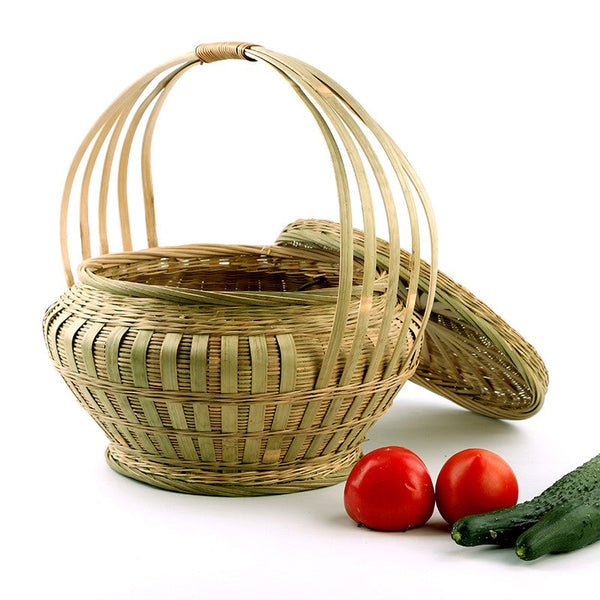 Picnic Food Basket with Handle, Large Natural Hand-woven Bamboo Basket, Natural Fruit Basket Lovely Bamboo Baskets for Vegetable, Kitchen Storage Baskets-Paintingforhome