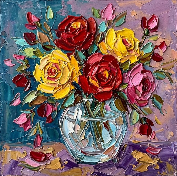 Impasto Heavy Texutre Art, Still Life Painting, Small Canvas Artwork for Sale, Rose Flowers in Full Bloom, Hand Painted Canvas Art, Original Flower Paintings