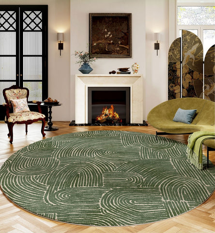 Green Contemporary Modern Rugs, Geometric Round Rugs for Dining Room, Mid Century Round Modern Rugs under Chairs, Bedroom Abstract Modern Area Rugs-Paintingforhome