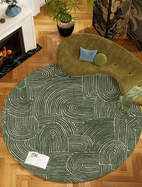 Green Contemporary Modern Rugs, Geometric Round Rugs for Dining Room, Mid Century Round Modern Rugs under Chairs, Bedroom Abstract Modern Area Rugs-Paintingforhome