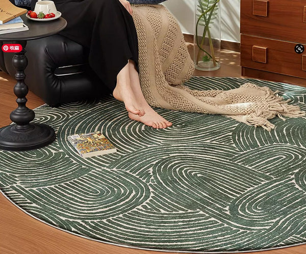 Green Contemporary Modern Rugs, Geometric Round Rugs for Dining Room, Mid Century Round Modern Rugs under Chairs, Bedroom Abstract Modern Area Rugs-Paintingforhome