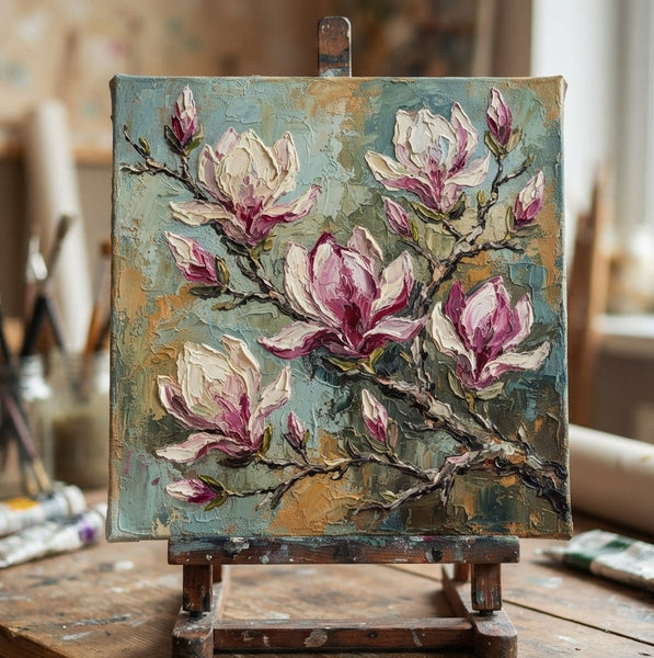 Magnolia Flower Painting, Impasto Heavy Texutre Art, Still Life Painting, Small Canvas Artwork for Sale, Hand Painted Canvas Art, Original Flower Paintings