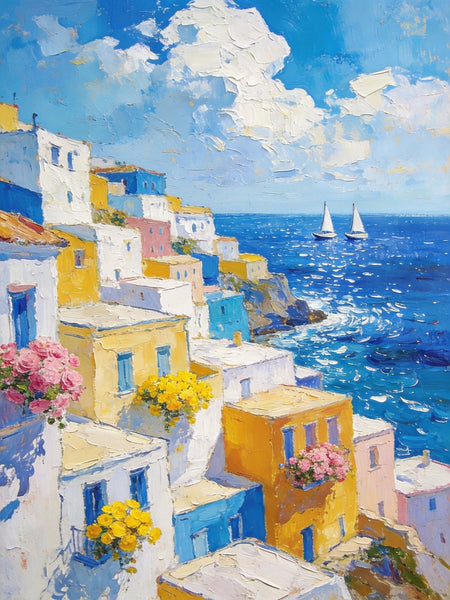 Coatal Village Serenity, Seashore Paintings, Original Artwork, Small Oil Paintings, Hand Painted Canvas Wall Art, Heavy Texture Artwork, Small Canvas Paintings-Paintingforhome
