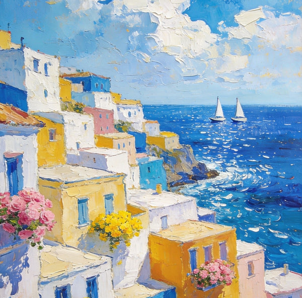 Coatal Village Serenity, Seashore Paintings, Original Artwork, Small Oil Paintings, Hand Painted Canvas Wall Art, Heavy Texture Artwork, Small Canvas Paintings-Paintingforhome