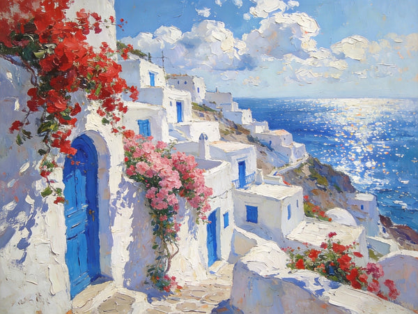 Bougainvillea's Aegean Embrace, Hand Painted Canvas Art, Small Landscape Paintings, Landscape Wall Art for Dining Room, Original Oil Paintings-Paintingforhome